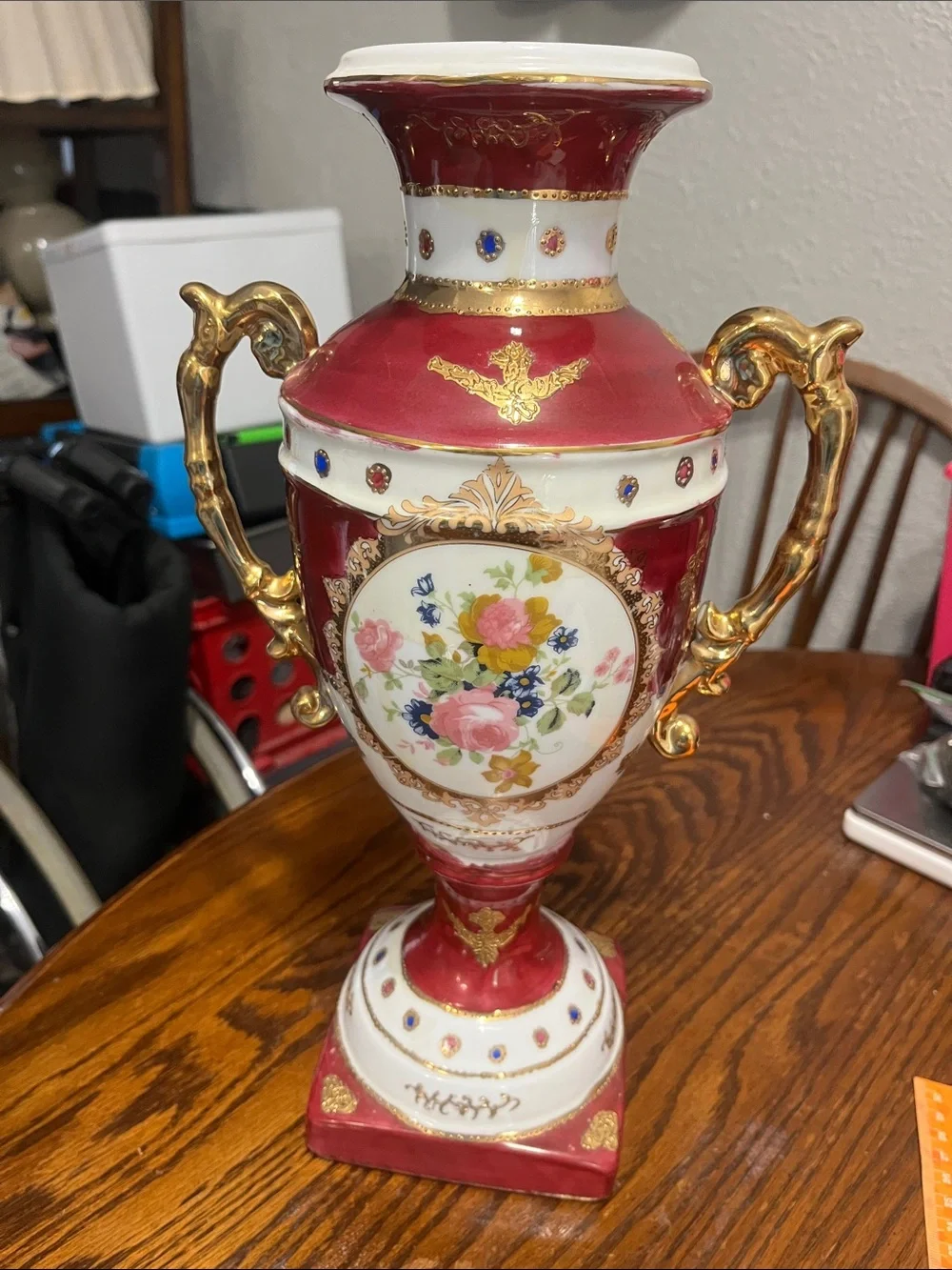 Vintage Red and Gold Porcelain Floral Vase - Picture 1 of 10